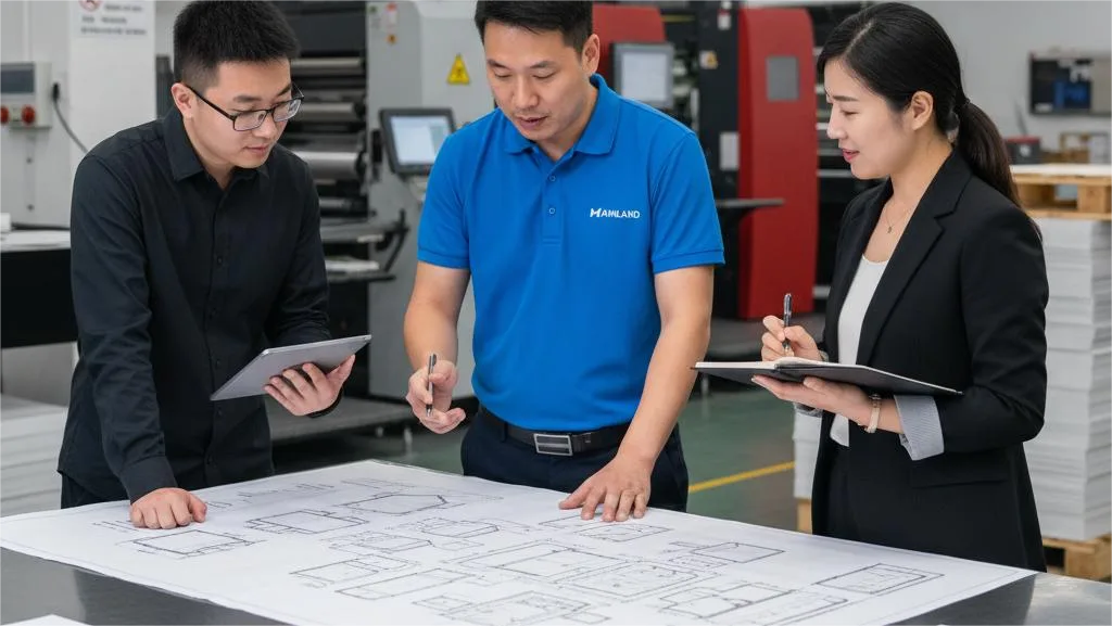 Les ingénieurs de l'imprimerie chinoise et le client revoient ensemble la présentation du Dfm pour un étui de livre d'art dans une usine moderne.