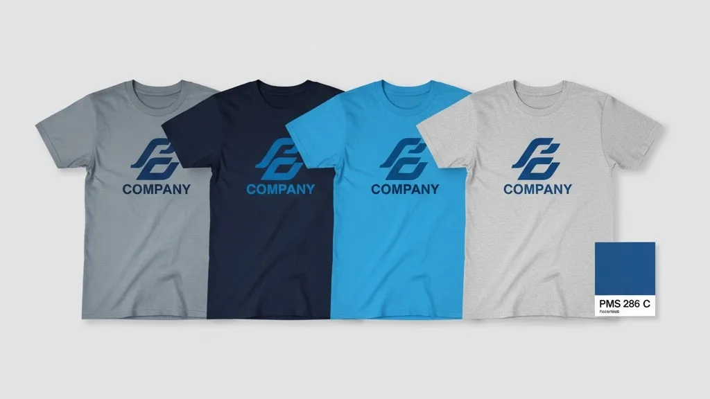 Ein Vergleich von vier Werbe-T-Shirts: drei mit falscher Logofarbe und eines mit perfekter Pantone-Übereinstimmung jpg Ein Vergleich von vier Werbe-T-Shirts, von denen drei eine falsche Logofarbe und eines eine perfekte Pantone-Farbe aufweisen.