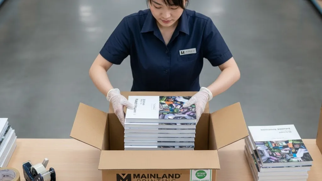Ein Fabrikarbeiter verpackt sorgfältig einen Stapel frisch gedruckter Bücher in einen Versandkarton jpg Ein Fabrikarbeiter beim sorgfältigen Verpacken eines Stapels frisch gedruckter Bücher in einen Versandkarton.