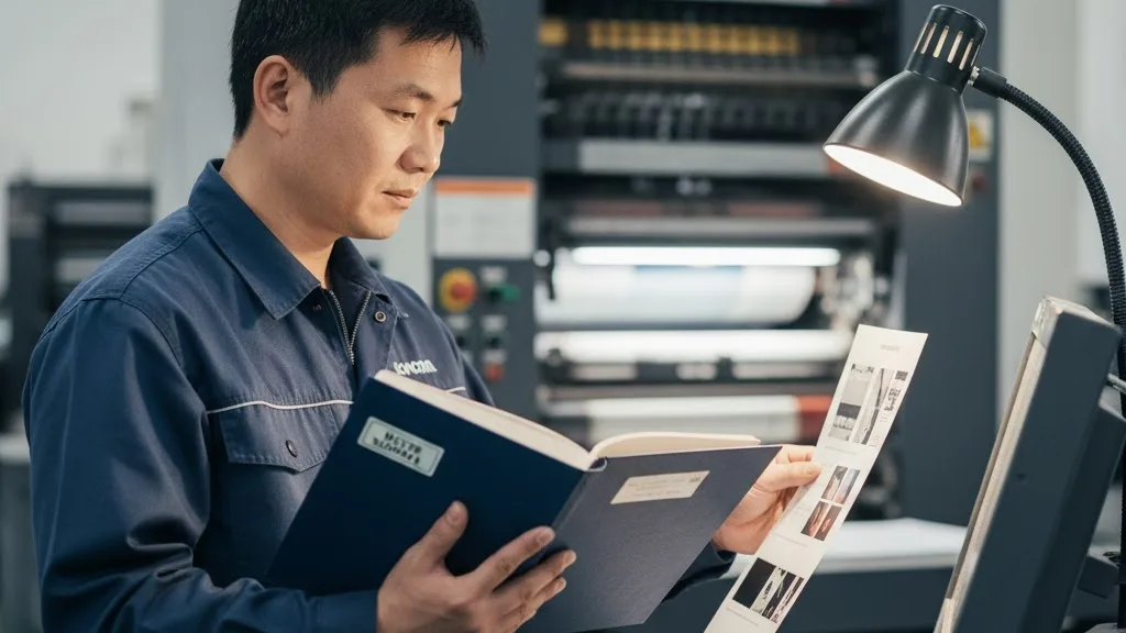Ein Drucker an einer Offsetdruckmaschine vergleicht einen neuen Druckbogen mit einem Urmusterbuch, um die Farbkonsistenz von Charge zu Charge sicherzustellen. Ein Drucker an einer Offsetdruckmaschine vergleicht einen neuen Druckbogen mit einem Musterbuch, um die Farbkonsistenz von Charge zu Charge sicherzustellen.