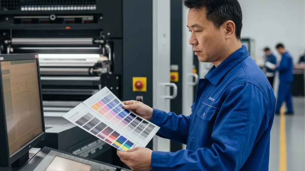 A Press Operator At An Offset Printing Press Console Compares A New Print Sheet To The Approved Contract Proof To Ensure Color Match.