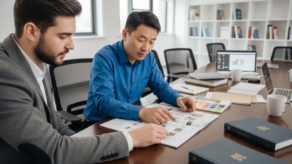 A Printing Manager And A Client Reviewing A Color Proof Sheet And Paper Samples In A Professional Meeting.
