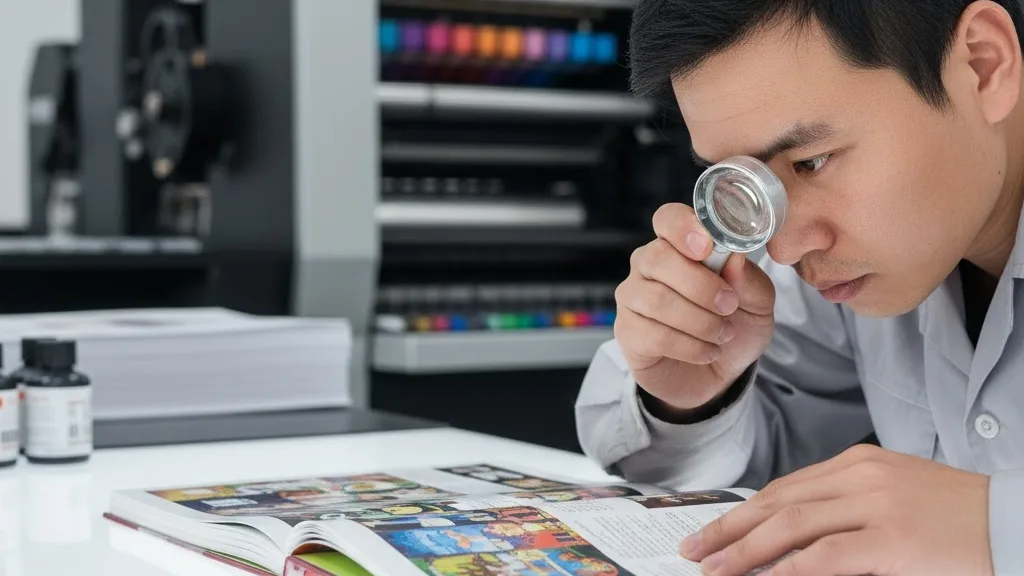 Ein Drucktechniker, der eine gedruckte Buchseite zur Qualitätskontrolle mit einer Lupe genau inspiziert 1 jpg Ein Drucktechniker, der eine gedruckte Buchseite mit einer Lupenbrille zur Qualitätskontrolle genau prüft.
