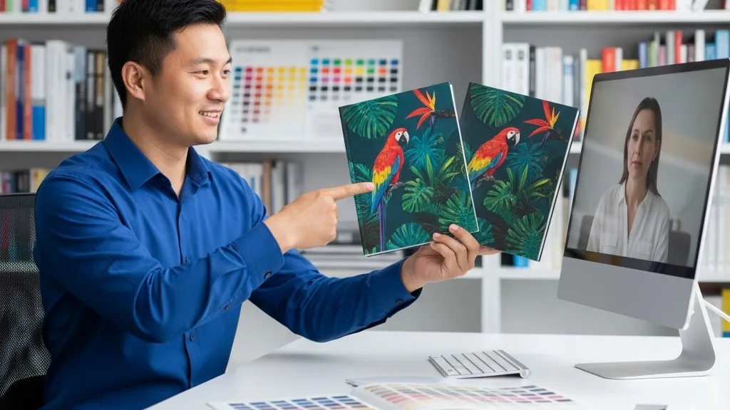 A project manager in an office explains the color difference between a digital proof and an offset printed book to a client via video call jpg A Project Manager In An Office Explains The Color Difference Between A Digital Proof And An Offset Printed Book To A Client Via Video Call.