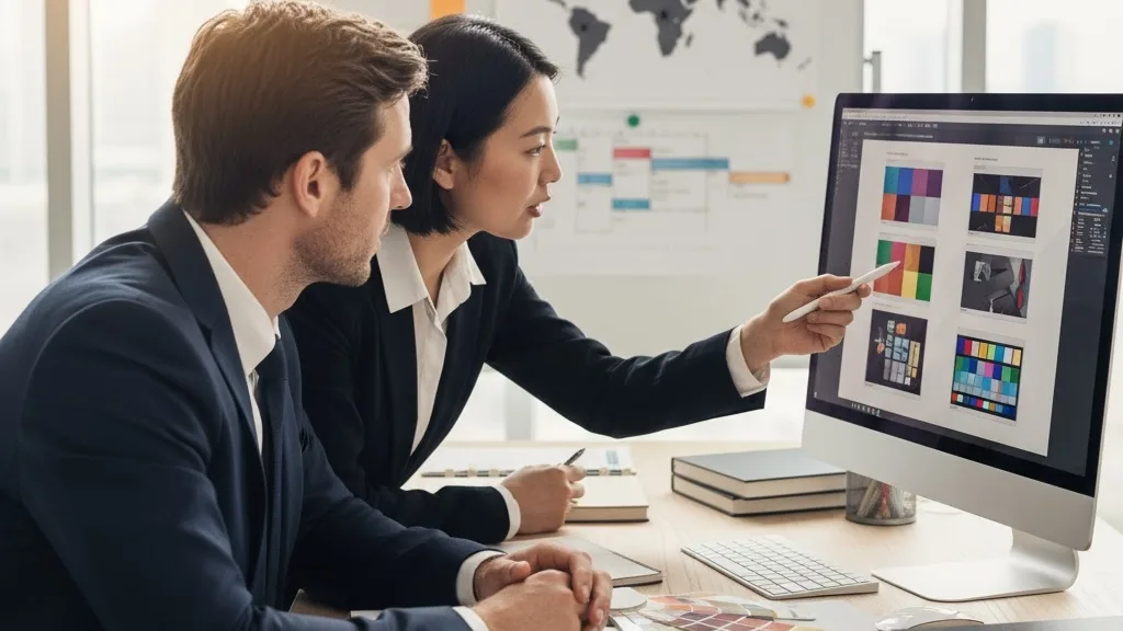 Ein Verleger und ein Projektmanager prüfen Buchlayoutdateien an einem Computer in einem Büro jpg Ein Verleger und ein Projektmanager prüfen die Buchlayoutdateien auf einem Computer in einem Büro.