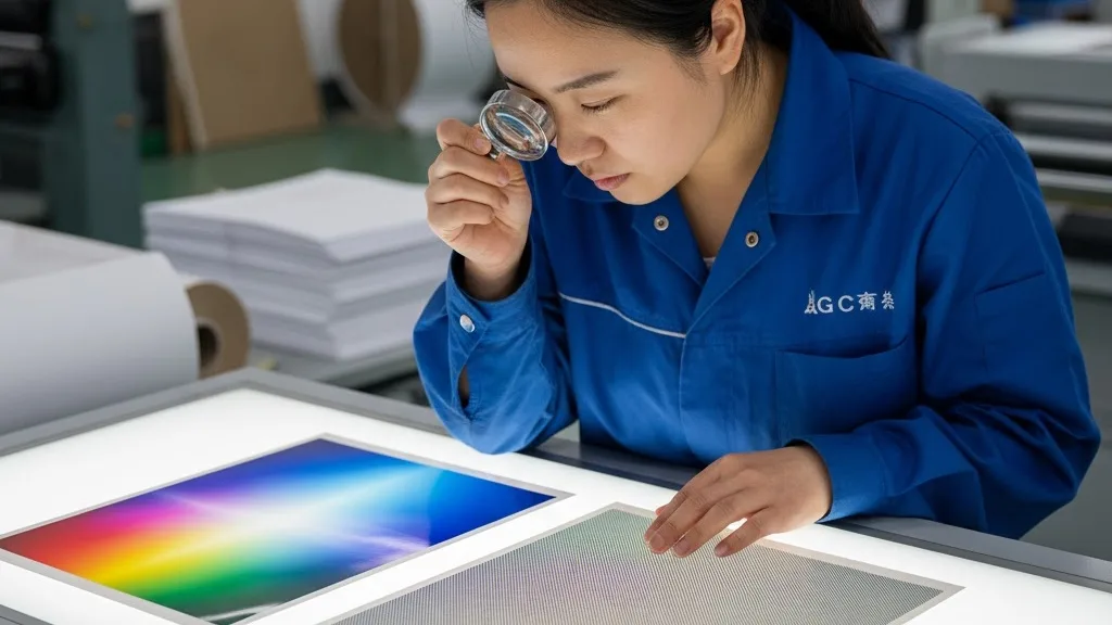 A quality control technician compares a bright digital proof to a final offset print sheet under a professional viewing light jpg A Quality Control Technician Compares A Bright Digital Proof To A Final Offset Print Sheet Under A Professional Viewing Light.