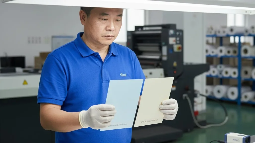 Ein Techniker der Qualitätskontrolle vergleicht zwei verschiedene Chargen weißen Papiers unter einer Betrachtungsleuchte, um den Weißgrad zu prüfen. Ein Techniker der Qualitätskontrolle vergleicht zwei verschiedene Chargen weißen Papiers unter einem Betrachtungslicht, um den Weißgrad zu prüfen.