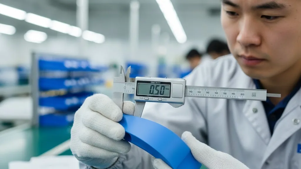 Ein Techniker der Qualitätskontrolle prüft mit einem digitalen Messschieber ein individuelles Werbeprodukt in einer Fabrik jpg Ein Techniker der Qualitätskontrolle prüft mit einem digitalen Messschieber ein individuelles Werbeprodukt in einer Fabrik.