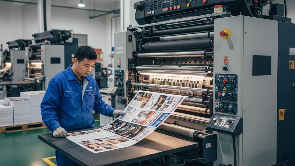 Ein Techniker prüft einen frisch gedruckten Bogen aus einer großen Offsetdruckmaschine in einer modernen Druckerei jpg Ein Techniker prüft einen frisch gedruckten Bogen aus einer großen Offsetdruckmaschine in einer modernen Druckerei.