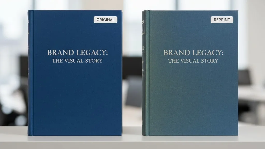 Zwei Hardcover-Bücher nebeneinander in einem Regal, die einen deutlichen Farbunterschied zwischen dem Originaldruck und dem Nachdruck aufweisen.