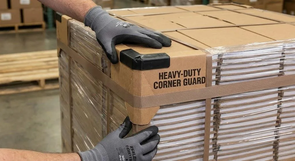 Heavy duty corner protectors applied to bulk planner packaging for shipping protection Heavy Duty Corner Protectors Applied To Bulk Planner Packaging For Shipping Protection.