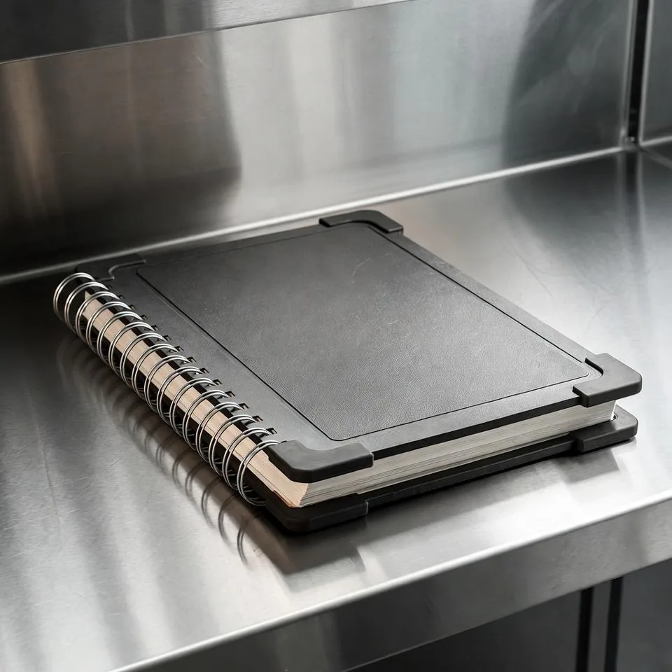 Heavy duty spiral bound log book with anti scratch poly cover on stainless steel laboratory counter Heavy Duty Spiral Bound Log Book With Anti Scratch Poly Cover On Stainless Steel Laboratory Counter