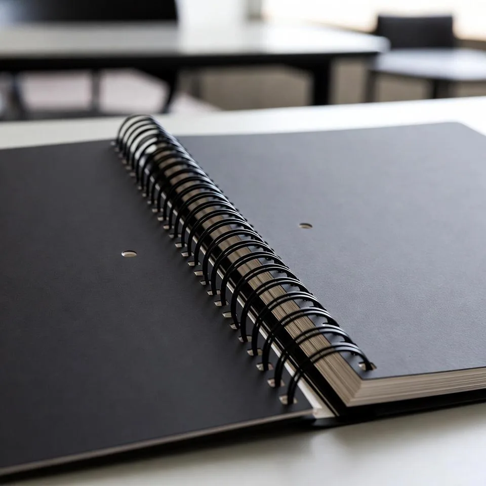 Open academic student agenda with durable black plastic spiral coil binding on a school desk Open Academic Student Agenda With Durable Black Plastic Spiral Coil Binding On A School Desk