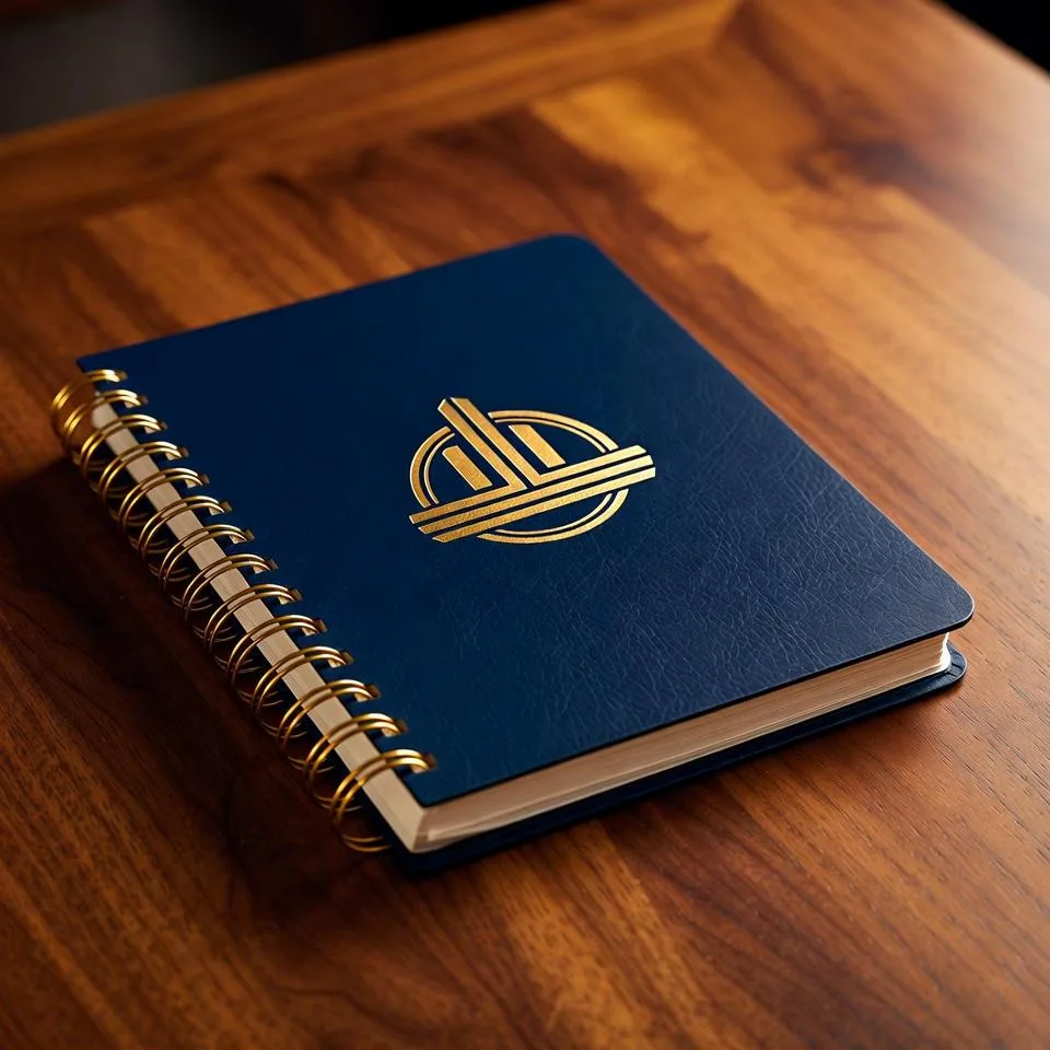 Premium navy blue corporate planner with gold foil logo and metallic gold Wire O binding on walnut table Premium Navy Blue Corporate Planner With Gold Foil Logo And Metallic Gold Wire O Binding On Walnut Table