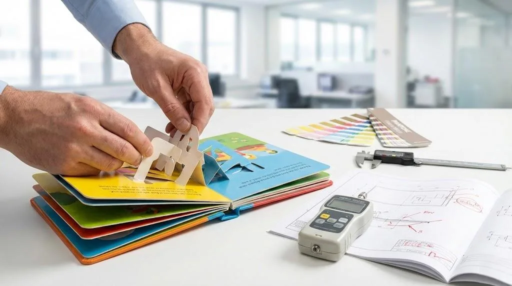 Qualitätskontrollprüfung einer komplexen Pop-Up-Tafelbuchstruktur.