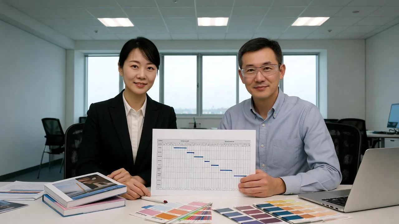 A Chinese Project Manager And A Western Client Reviewing A Book Proof And Production Schedule In A Professional Office.