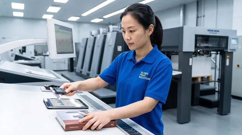 A Chinese Quality Technician Measuring Book Dimensions And Recording Compliance Data In A Modern Printing Factory.