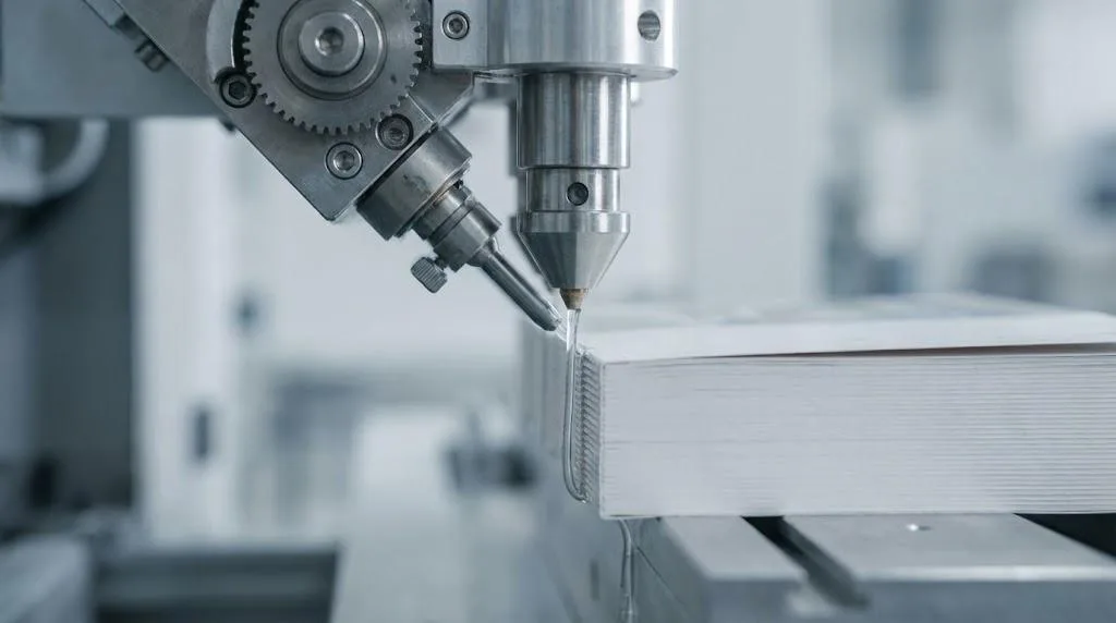 Close Up Shot Of Professional Pur Adhesive Being Applied To A Book Spine By A High Precision Binding Machine.