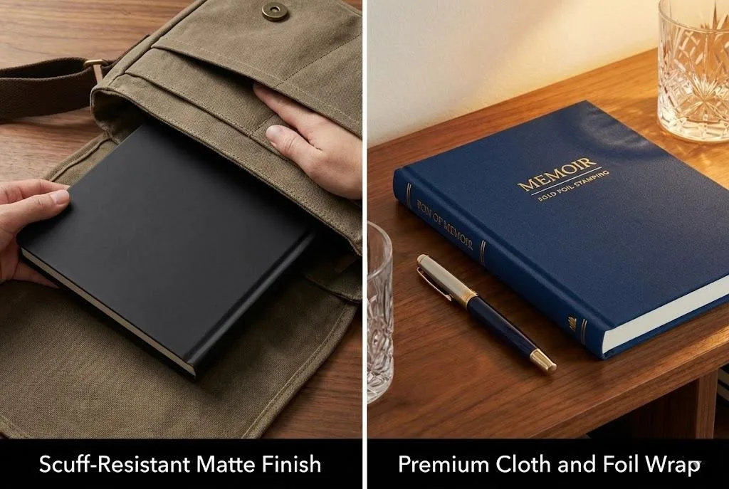 Comparison Of Scuff Resistant Matte Finish And Premium Cloth With Gold Foil For Journal Covers.