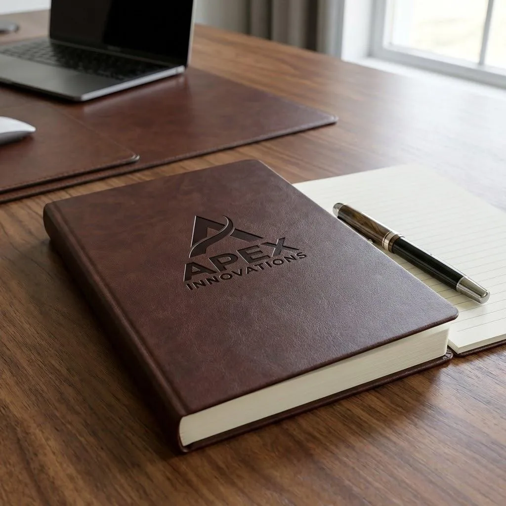 Debossed Faux Leather Corporate Journal With Custom Brand Logo And Fountain Pen.