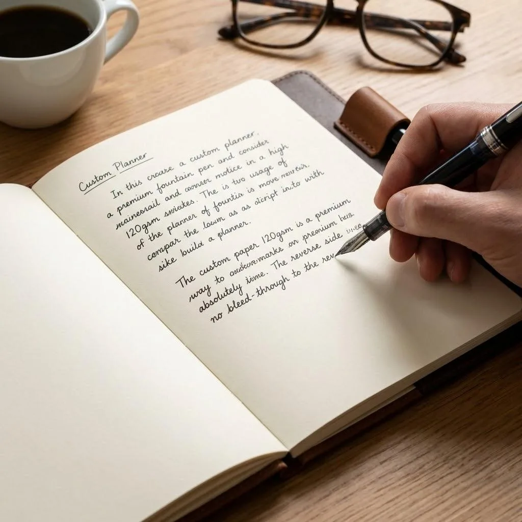 Fountain Pen Writing On High Opacity 120gsm Ink Proof Paper In A Custom Planner.
