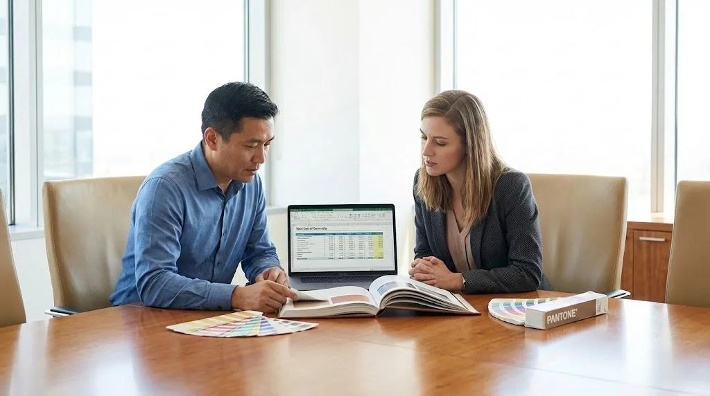 Professional Chinese Project Manager And Western Publisher Reviewing Book Samples And Financial Data In A Bright Office.