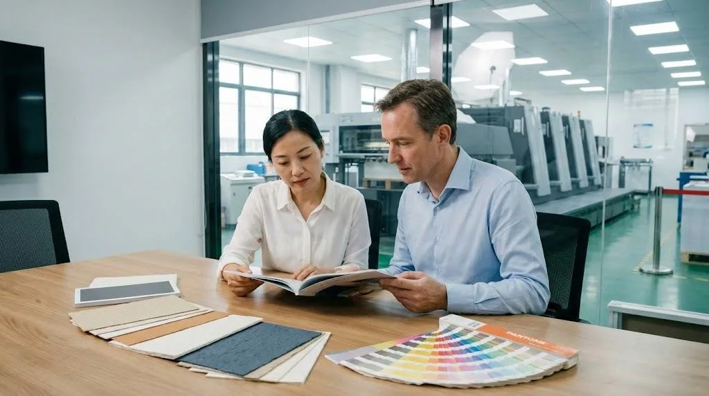 Professional Book Printing Project Manager Reviewing A High Quality Softcover Book Sample With A Publisher In A Bright Office.