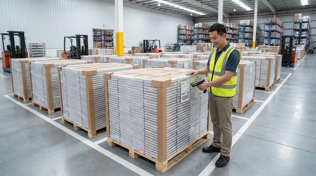 Professional Warehouse Supervisor Scanning Shipping Labels On Neatly Packed Pallets Of Books In A Clean Factory.