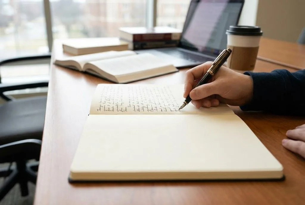 Smyth Sewn Lay Flat Journal On A Desk For Academic Note Taking And Professional Writing.