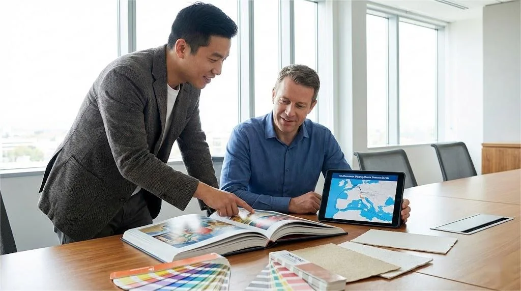 A Chinese Project Manager And A Western Publisher Reviewing Book Samples And A Logistics Map In A Professional Office Setting.