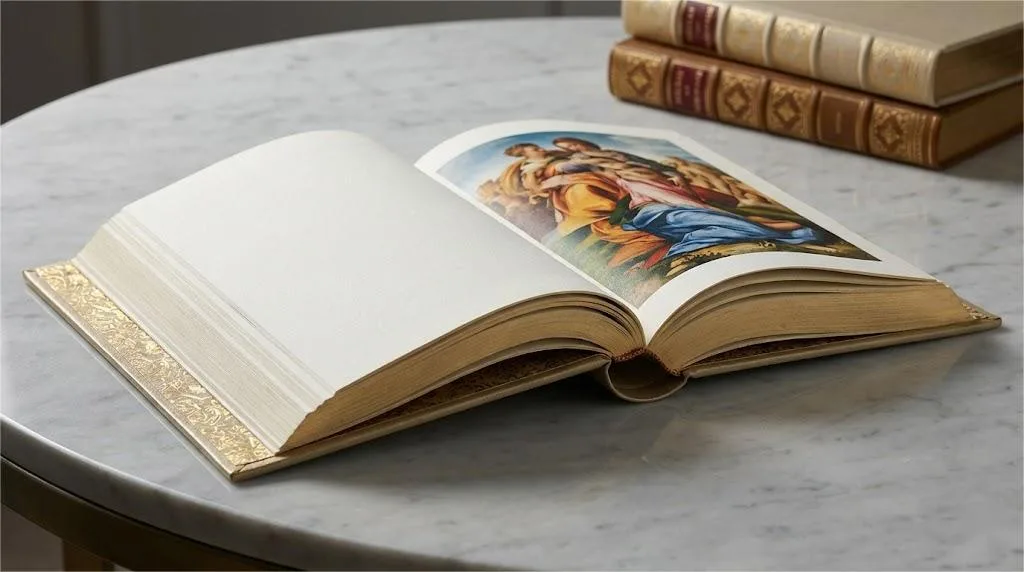 A High End Art Book With Gold Foil Binding Displayed On A Clean Surface Showing Premium Print Quality.