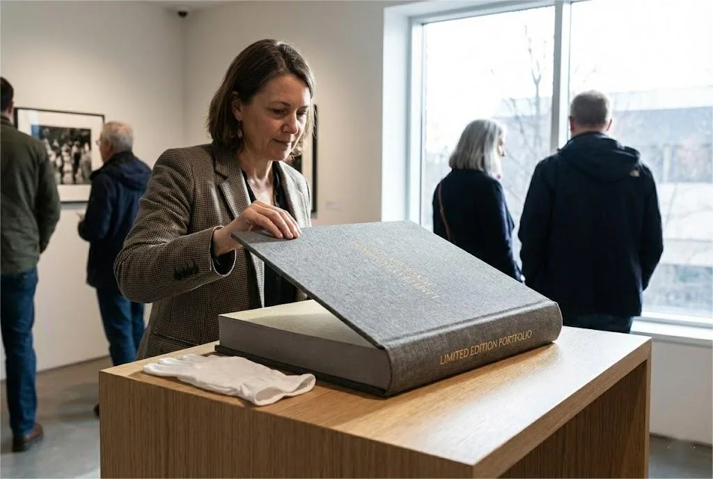 Lujoso libro de arte de tapa dura con encuadernación de alta calidad expuesto en una galería minimalista.