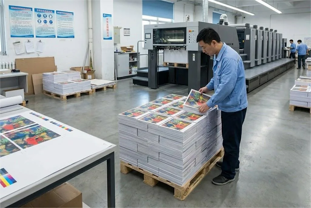 Impresión offset profesional de grandes volúmenes de catálogos de tapa blanda en una moderna planta de fabricación china.