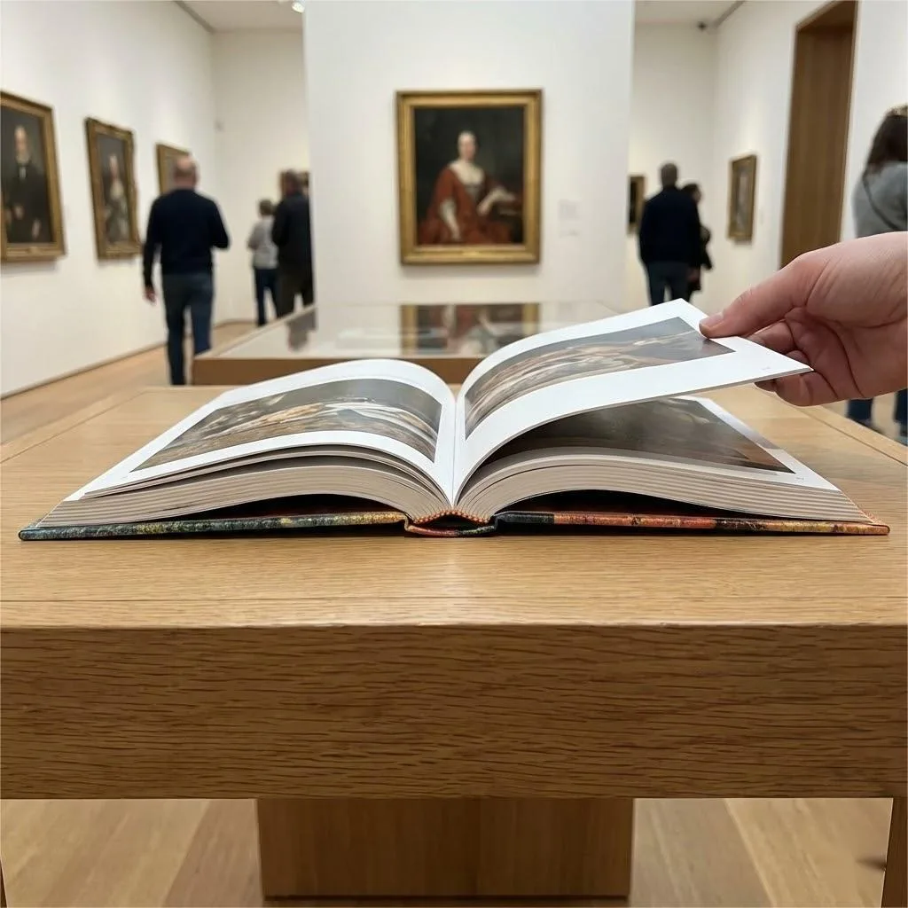 Catálogo de museo Smyth cosido y desplegable con apertura de 180 grados sin costuras en una galería Smyth Sewn Lay Flat Catálogo de museo que muestra una apertura de 180 grados sin costuras en una galería.