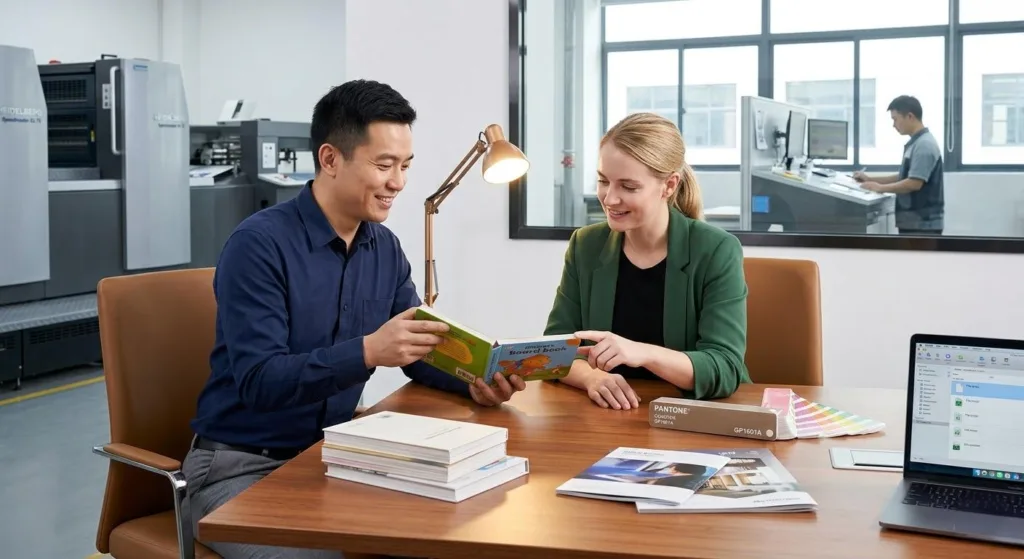 A Chinese Project Manager And An International Client Reviewing Board Book Rounded Corner Quality In A Professional Office.