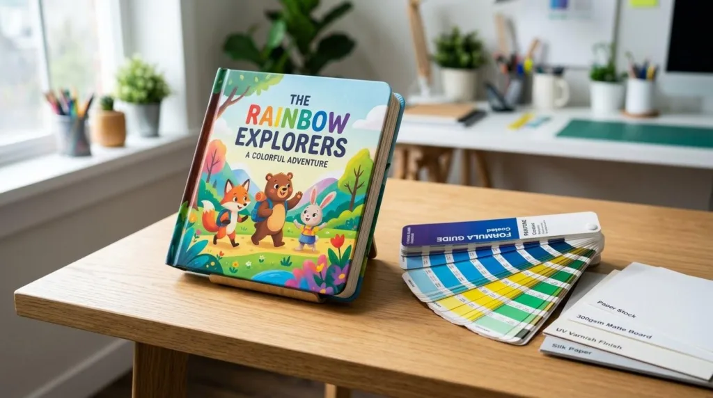 Ein hochwertig verarbeitetes Pappbuch für Kinder mit abgerundeten Ecken und lebendigem Druck auf einer professionellen Arbeitsfläche Ein hochwertig verarbeitetes Kinderbuch mit abgerundeten Ecken und lebendigem Druck, das auf einer professionellen Arbeitsfläche präsentiert wird.