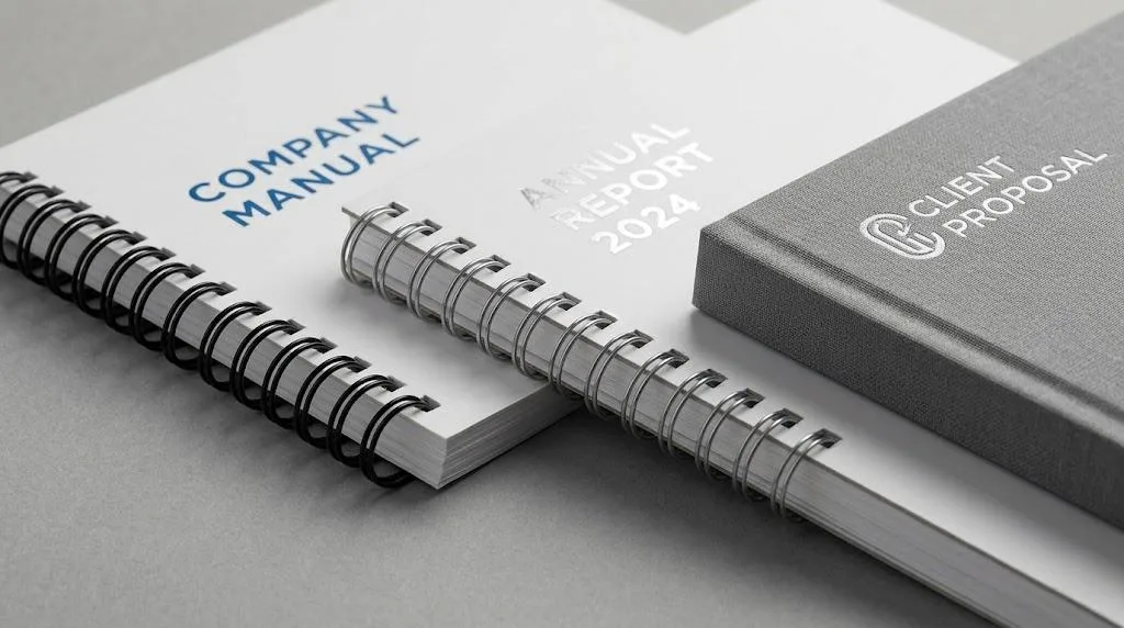 A Luxury Hidden Wire O Hard Cover Book With Spot Uv Finish And Premium Paper Samples On A Minimalist Background.