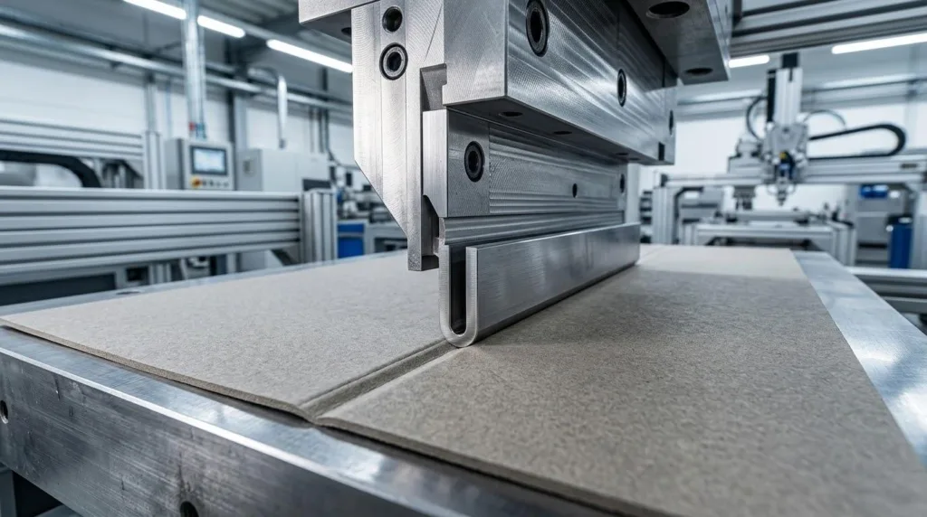 A Macro Close Up Of A Cnc Carved Steel Die Cutting Mold Creating A Precise U Shaped Gully On A Thick Greyboard.