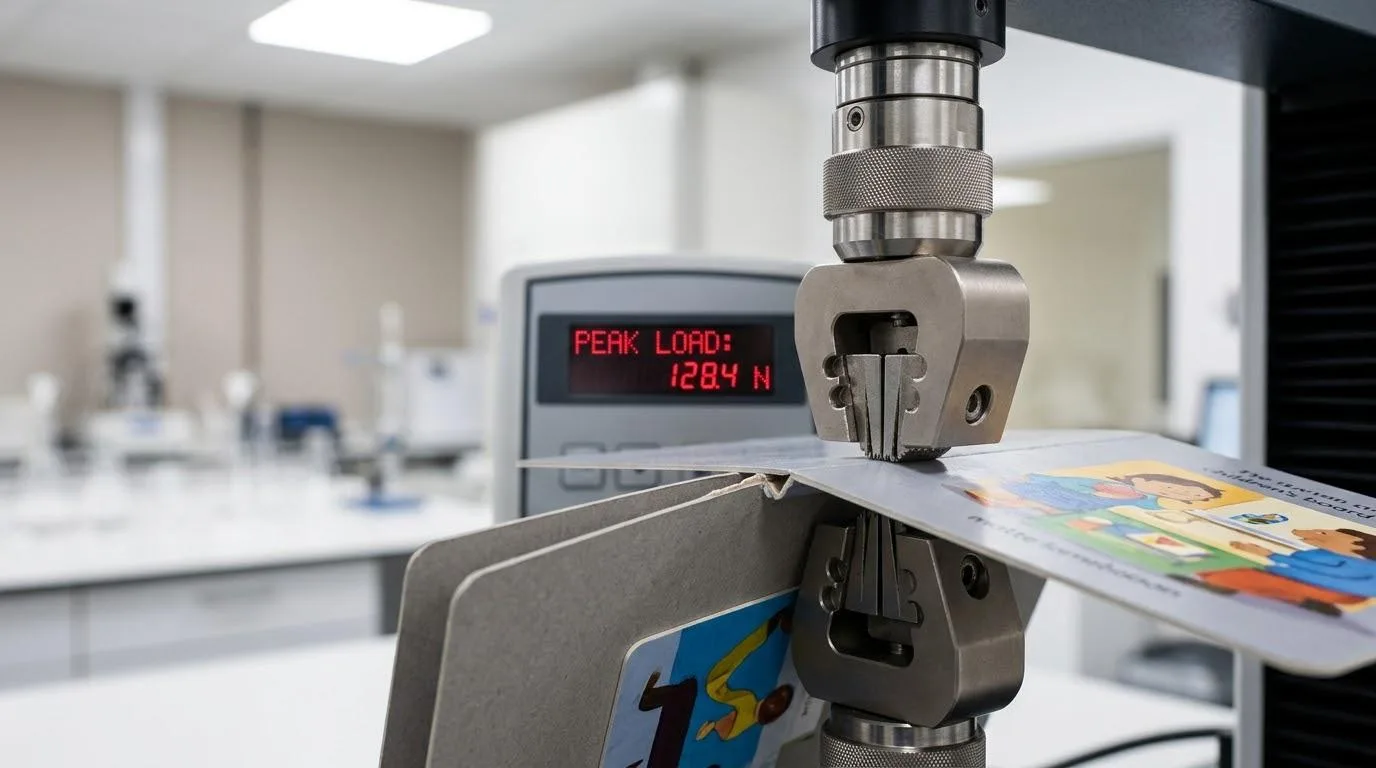Macro prise de vue d'une machine numérique d'essai de tension mesurant la force de traction d'une page de livre de bord.