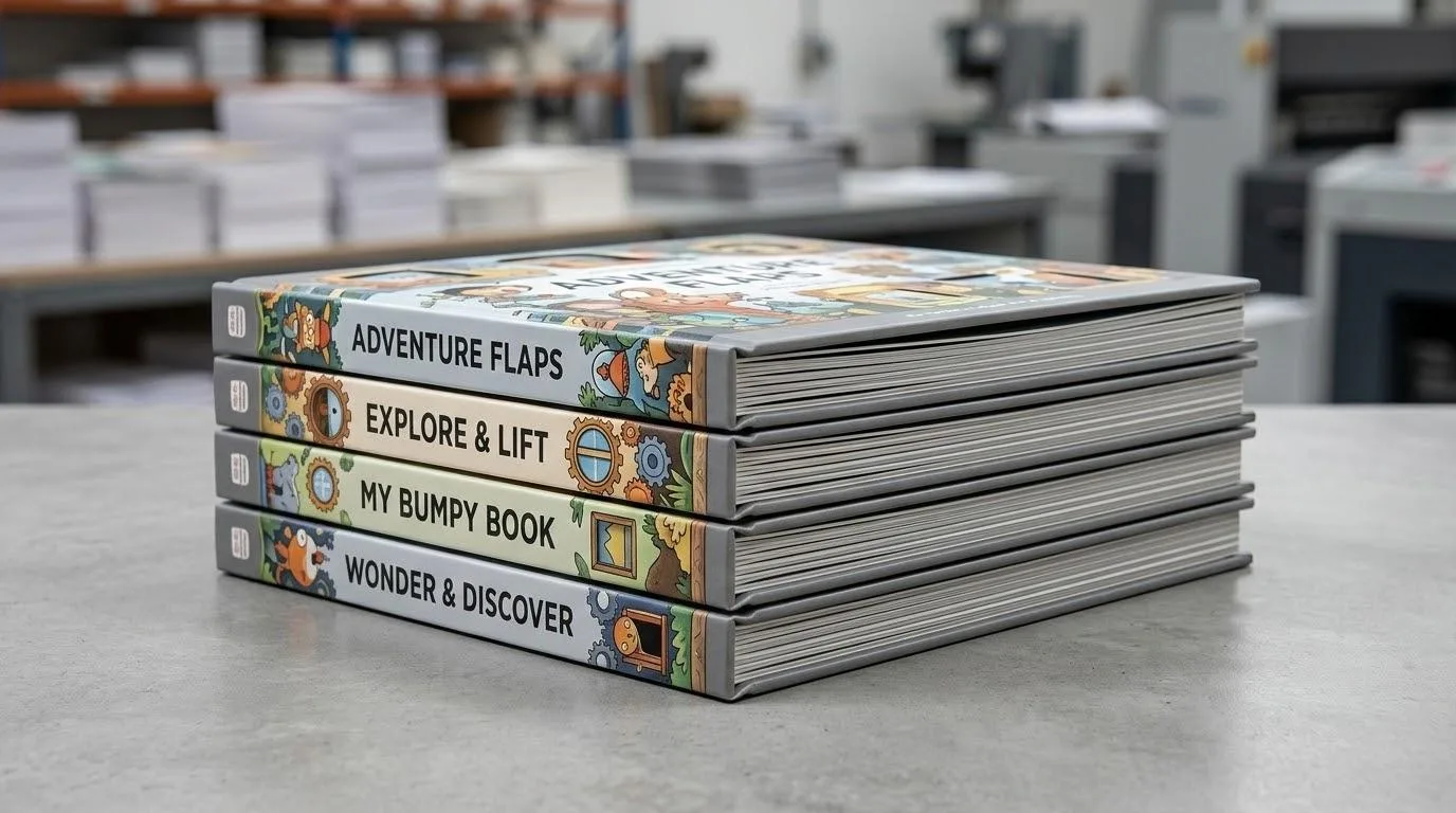 A Professional Hero Shot Of A Stack Of Premium Interactive Board Books Showing Perfectly Flat Spines And Integrated Flaps.