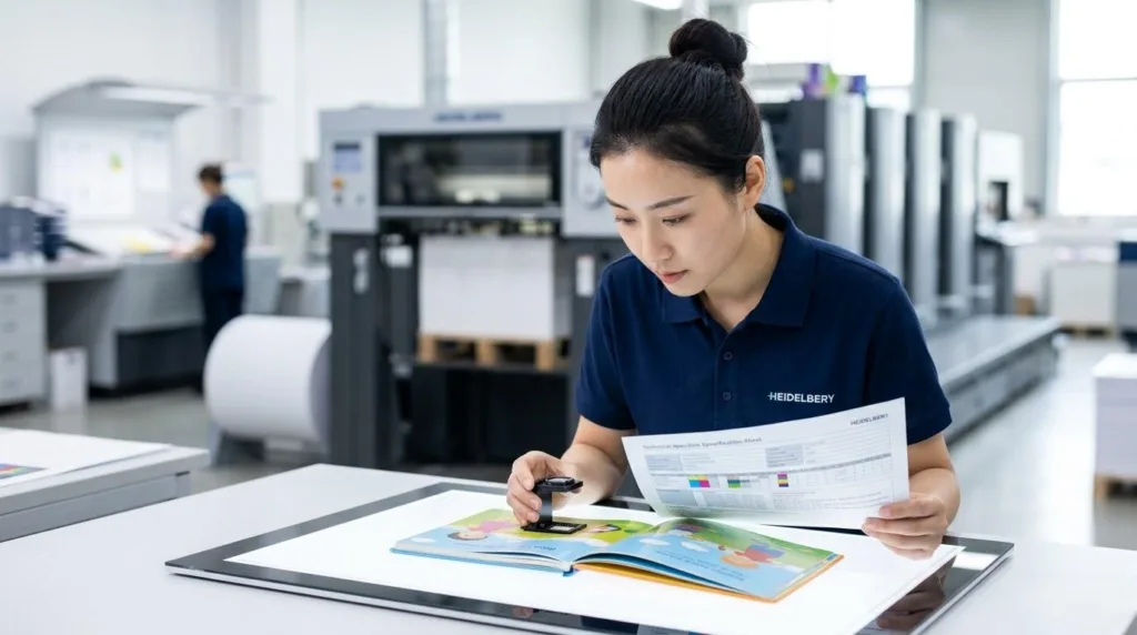 Ein qualifizierter Techniker prüft in einer professionellen Druckerei ein Muster eines Pappbuchs für Kinder anhand der technischen Spezifikationen Ein erfahrener Techniker prüft in einer professionellen Druckerei ein Muster eines Kinderbuchs anhand der technischen Spezifikationen.