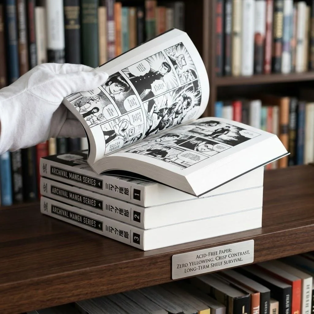A worker with white gloves turning the pages of a custom hardcover comic book demonstrating durable Smyth sewn lay flat binding and vibrant art A Worker With White Gloves Turning The Pages Of A Custom Hardcover Comic Book, Demonstrating Durable Smyth Sewn Lay Flat Binding And Vibrant Art.