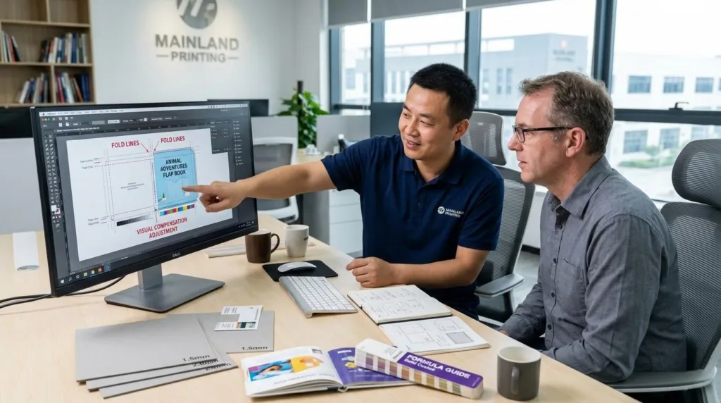 Chinese Project Manager And A Western Client Reviewing A Technical Board Book Pre Press Layout On A Monitor In A Professional Office.