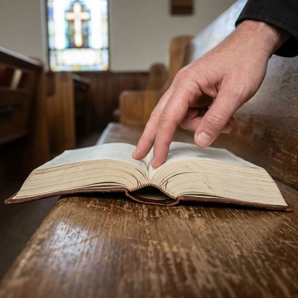 Close Up eines Heavy Duty Pew Bibel mit Smyth genäht Lay Flat Bindung auf einer hölzernen Kirche Pew.