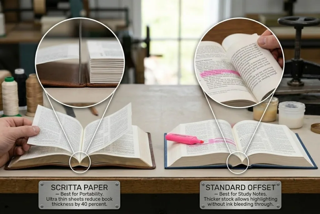 Vergleich von ultradünnem Scritta-Bibelpapier für die Portabilität mit Standard-Offsetpapier zum Hervorheben.