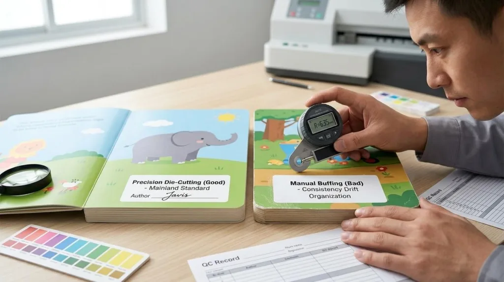 Comparaison entre un coin de livre en carton lisse découpé à l'emporte-pièce et un coin effiloché et lustré à la main.