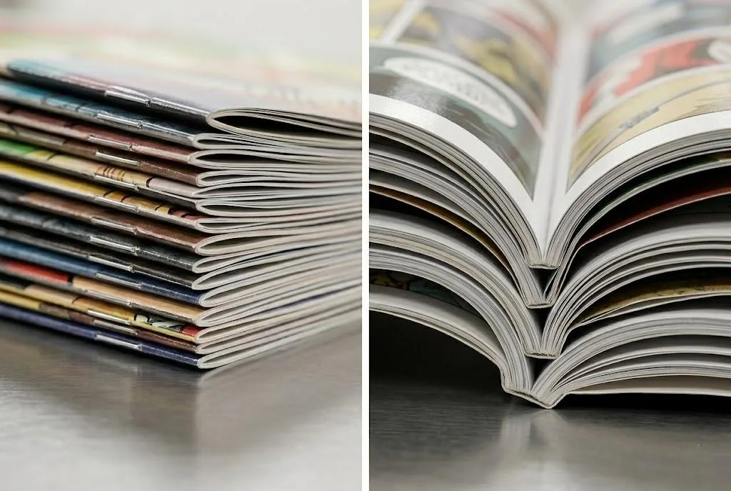 Detailed Macro Shot Of Reinforced Saddle Stitching And Durable Binding For High Volume Softcover Comic Books.