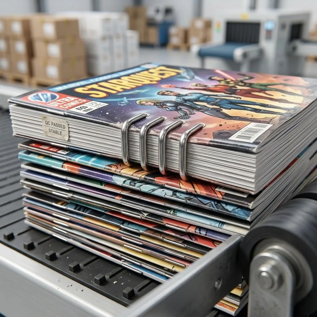 Gloved hand performing a flexibility test on the PUR binding of a hardcover comic book highlighting strength and page fallout resistance Gloved Hand Performing A Flexibility Test On The Pur Binding Of A Hardcover Comic Book, Highlighting Strength And Page Fallout Resistance.