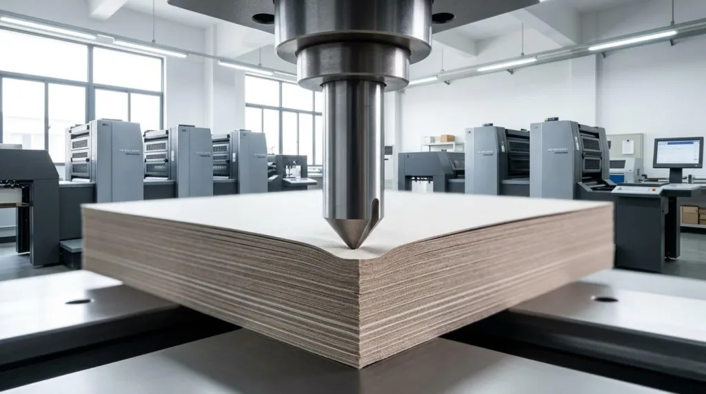 Machine de découpe industrielle créant un coin arrondi de précision de 0,25 pouce pour la fabrication de livres cartonnés.