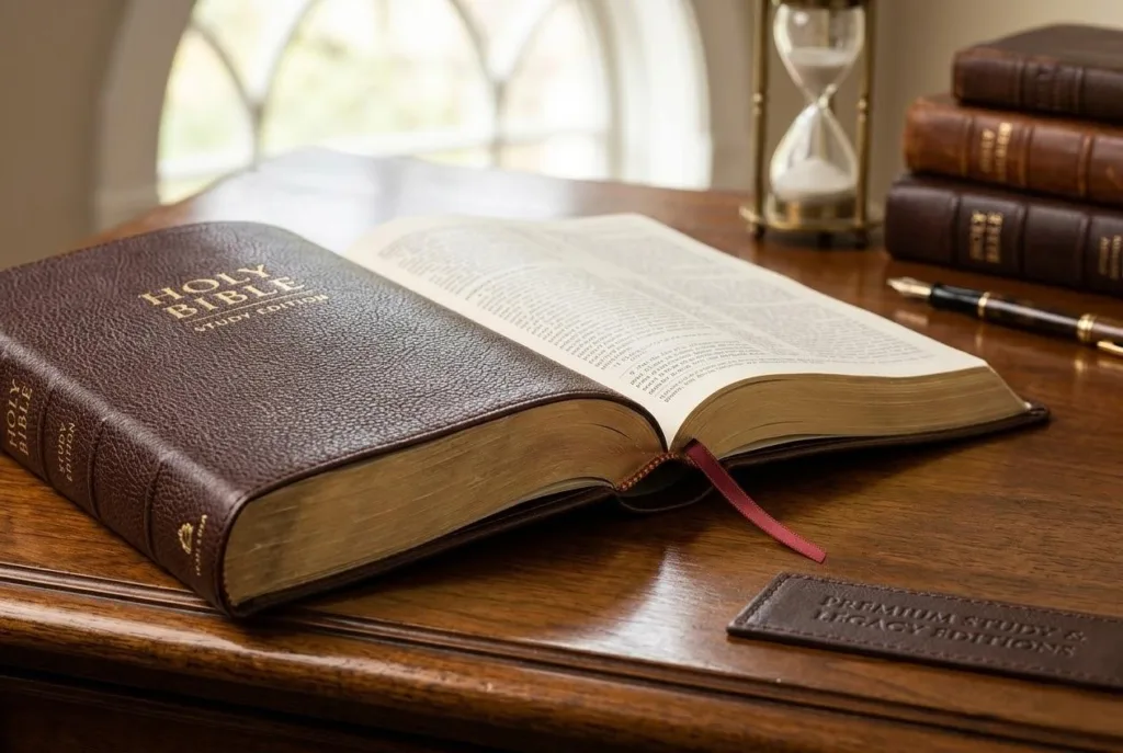 Offene Premium Studienbibel mit echtem Ledereinband und Smyth Sewn Lay Flat Bindung auf einem Holztisch.